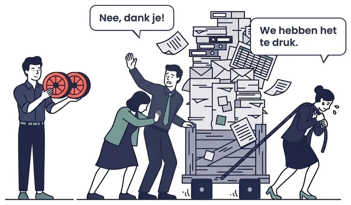 Cartoon: een team sjouwt een kar vol papier op vierkante wielen en slaat de ronde wielen af die iemand aanbiedt, want ze hebben het te druk.
